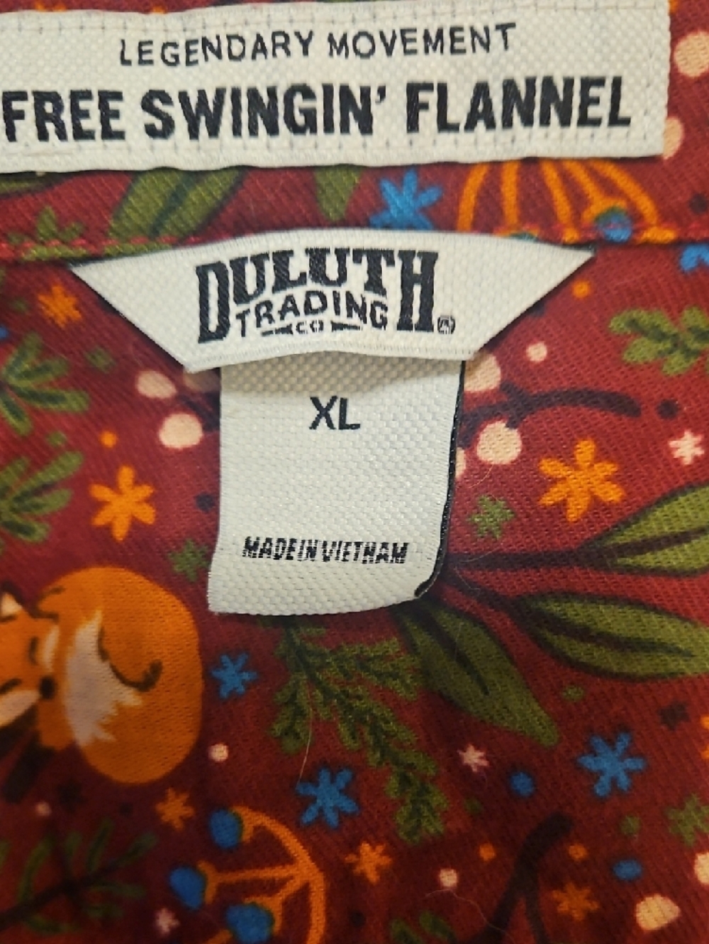 Duluth Trading Co Red Flannel Shirt with Orange and Green Fox Print - Picture 2 of 4
